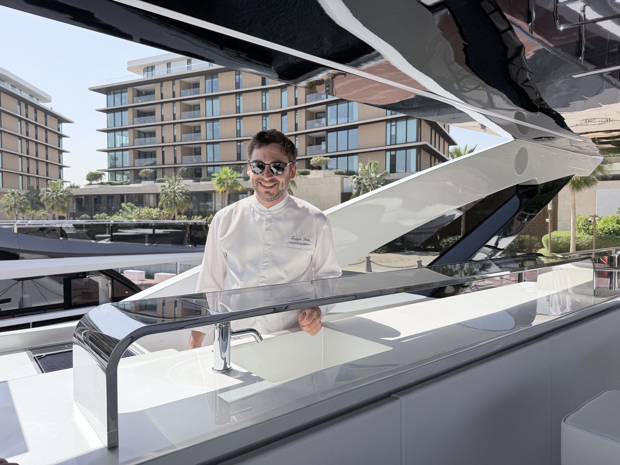 Chef François Savin aboard a yacht in Dubai Marina.