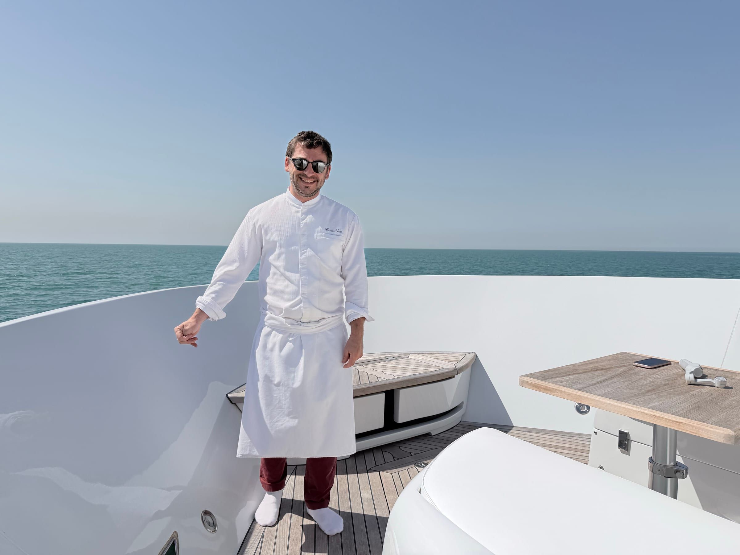 Chef François Savin cooking on board a yacht in Dubai.