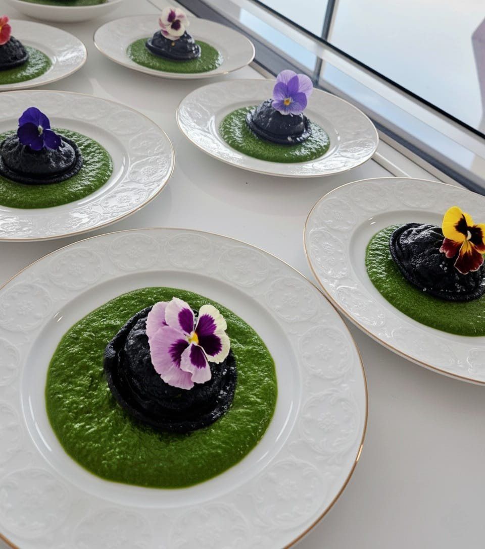 Black quenelles on a fresh-pea sauce, plated in series with edible pansies.