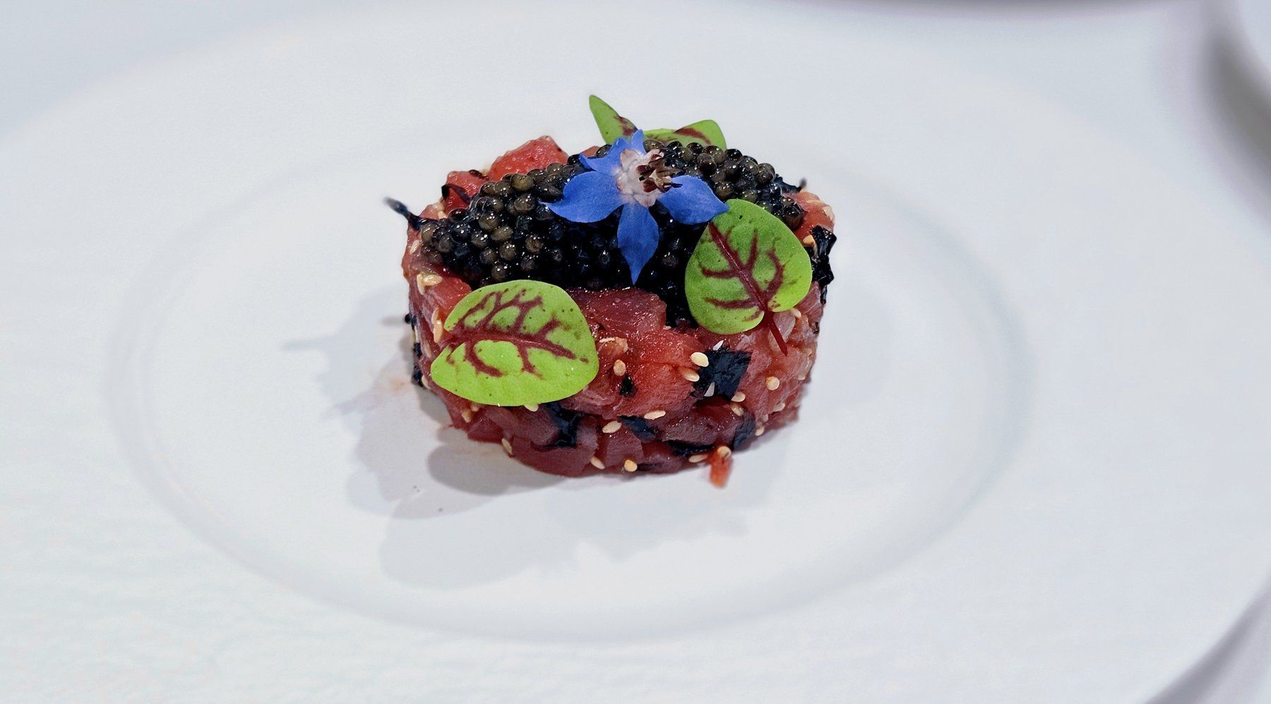 Tuna tartare topped with caviar, sorrel leaves and a borage flower on white porcelain.