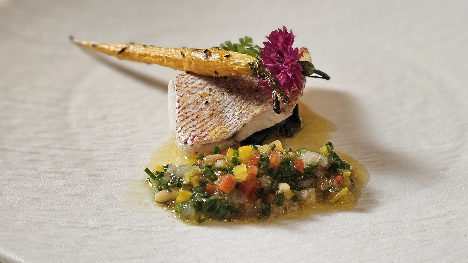 Red mullet fillet with glazed baby carrot, herb-vegetable condiment and edible flower.