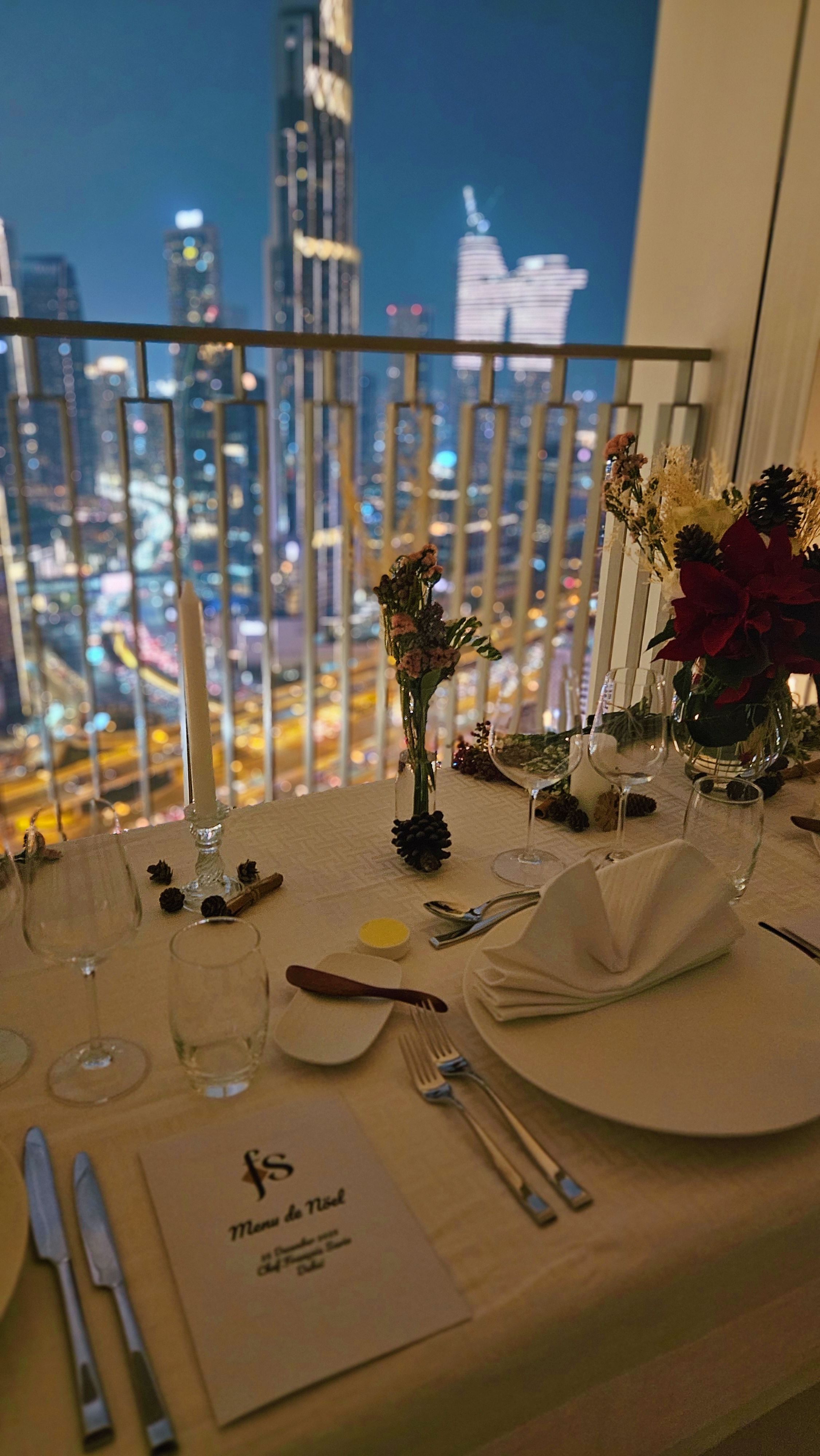 Dressed table facing Burj Khalifa.