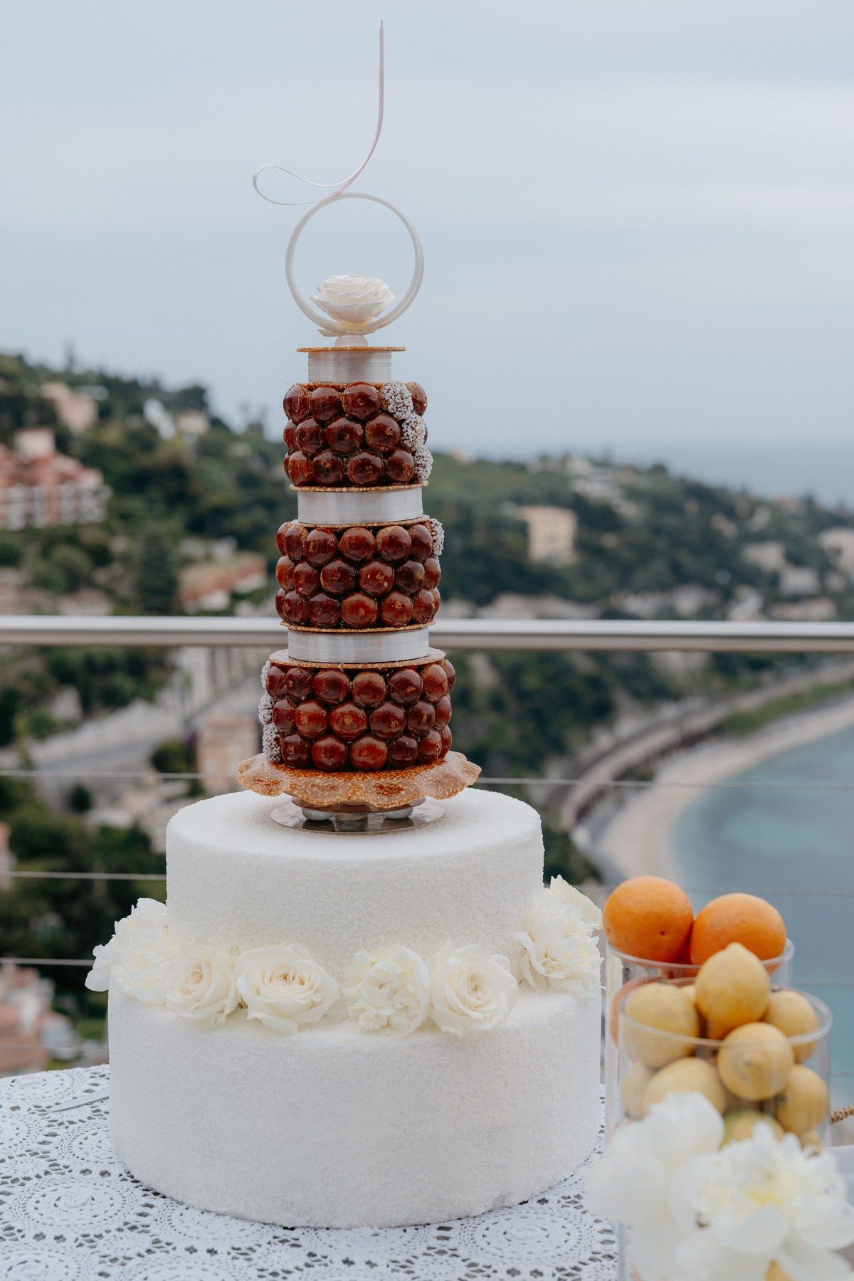 A tiered croquembouche piece-montée, the wedding centrepiece, finished by hand