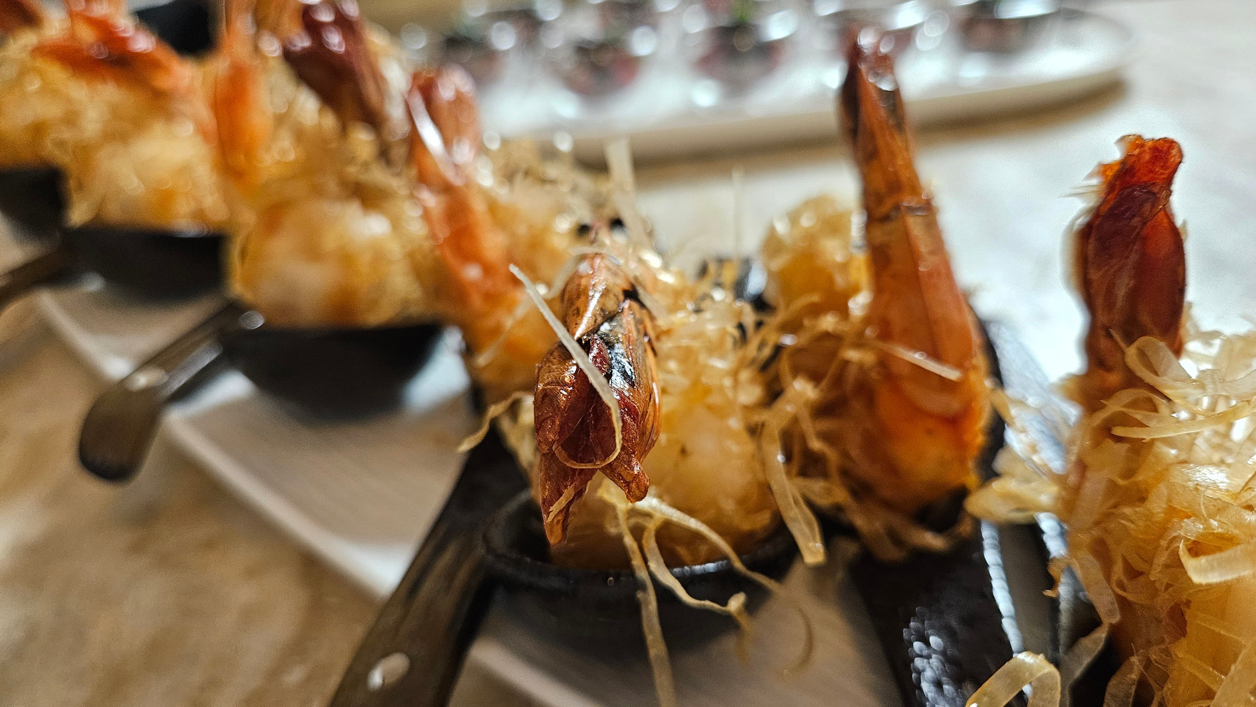 Crispy kadaif-wrapped shrimp.