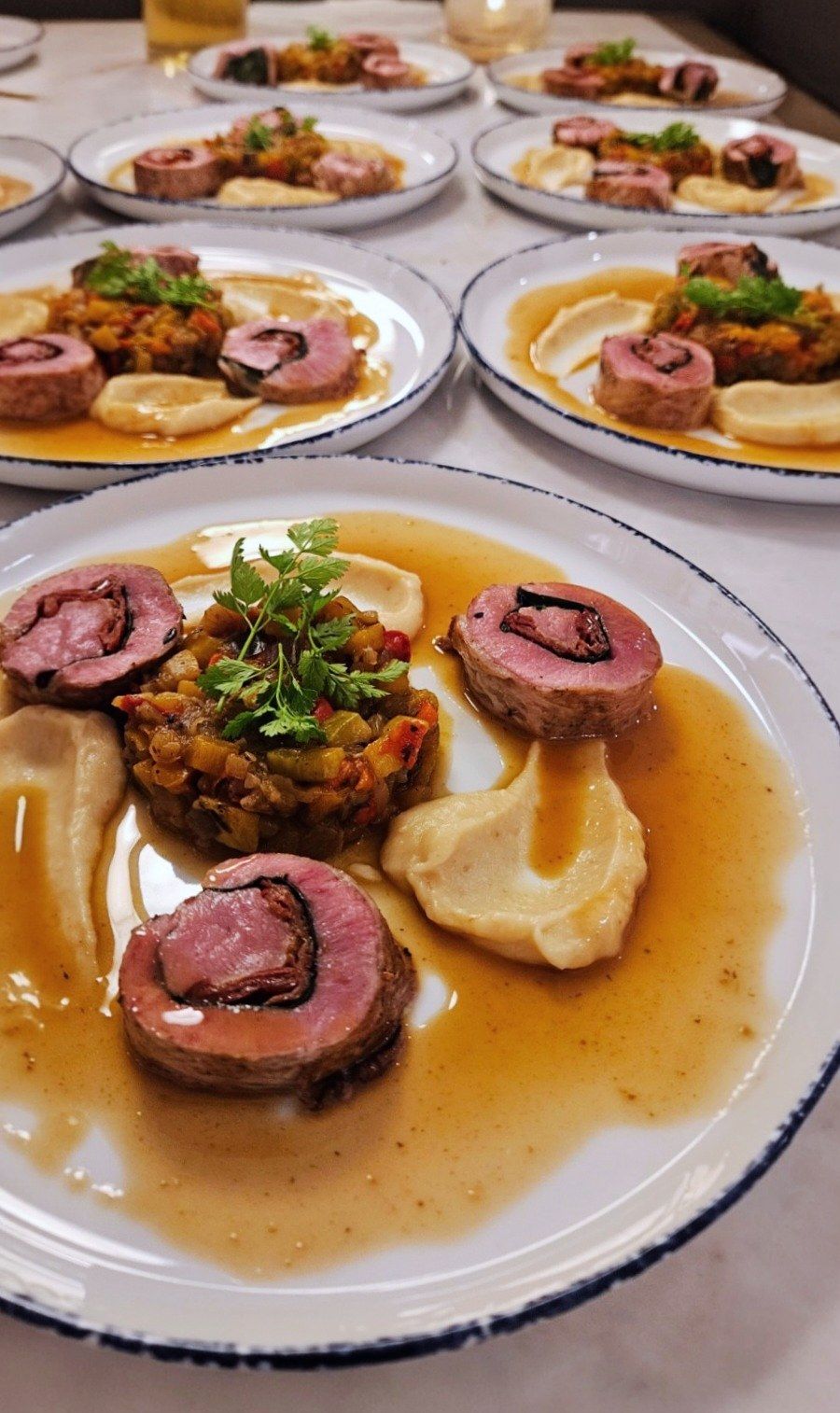 Terrine plated on a round dish.