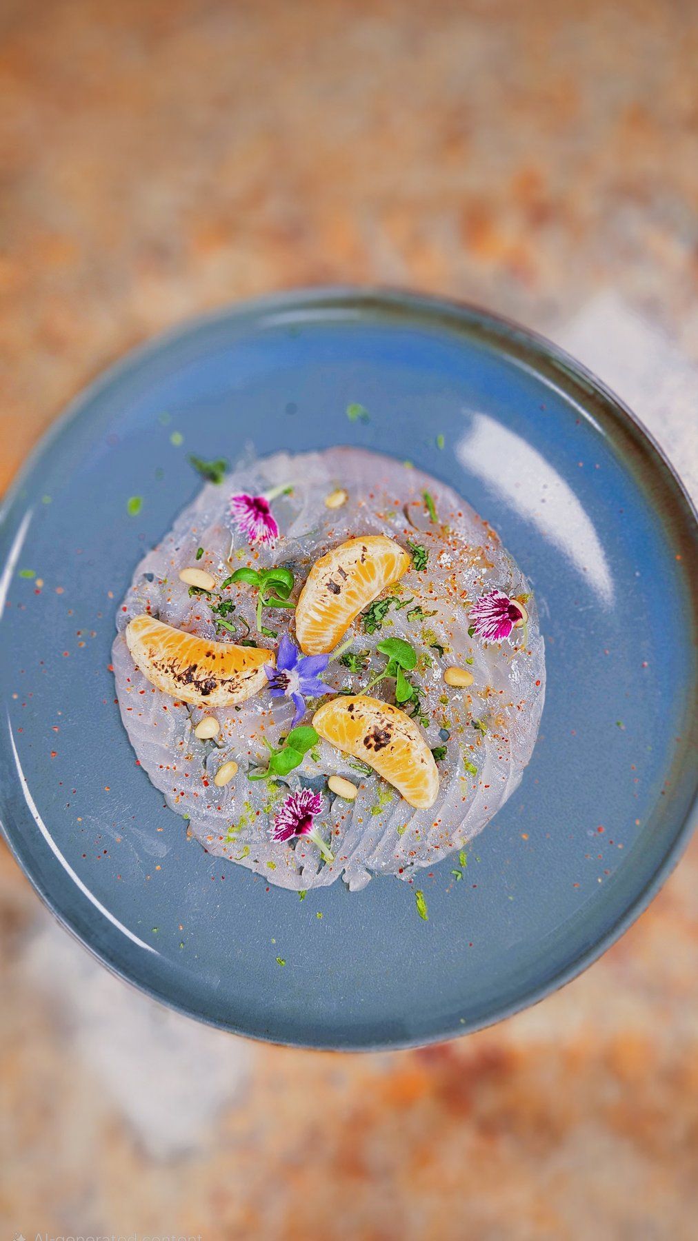 Fish carpaccio with mandarin and flowers on a blue plate.